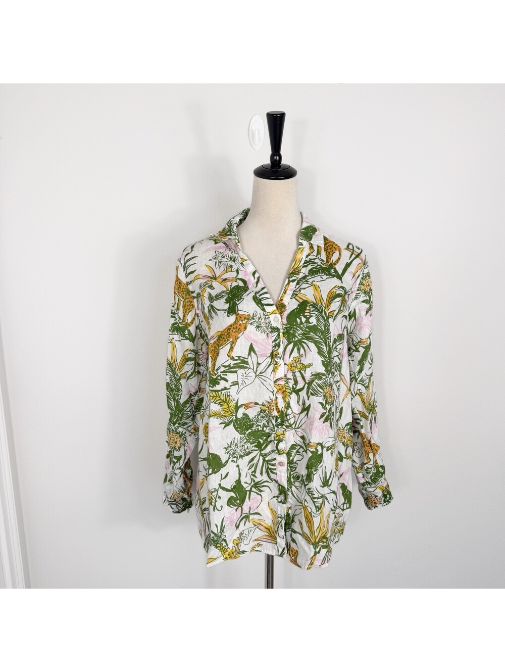 Rachel Zoe 100% Linen Tropical Cheetah Jungle Print Button Down Shirt Medium
